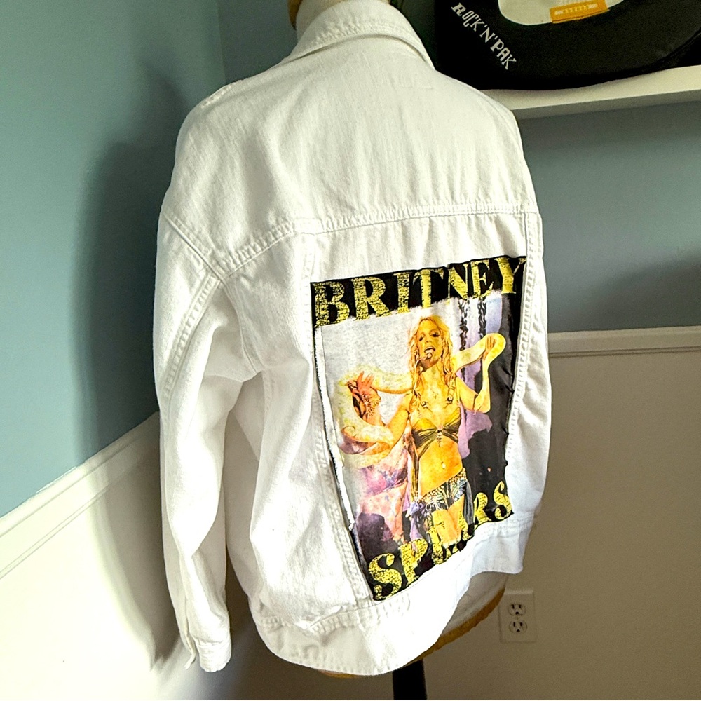 White Denim Jacket with Britney Spears Graphic - Handmade, Upcycled